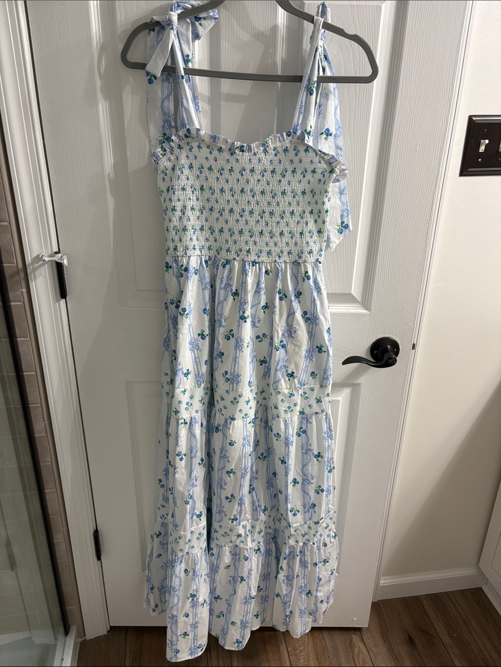 Peach Love California White and Blue Floral Tiered Maxi Dress